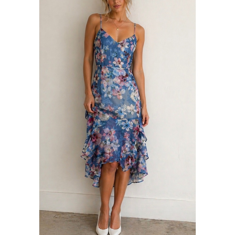 Lulu's Blue Floral Ruffle Midi Dress